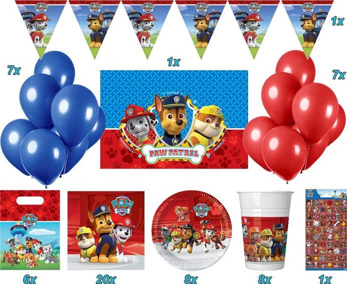 Paw Patrol Mega versier Pakket XXL | Paw Patrol Voordeel Kinderfeest Pakket | Paw Patrol Versiering | Bordjes Bekers Tafelkleed Ballonnen Bordjes Vlaggenlijn